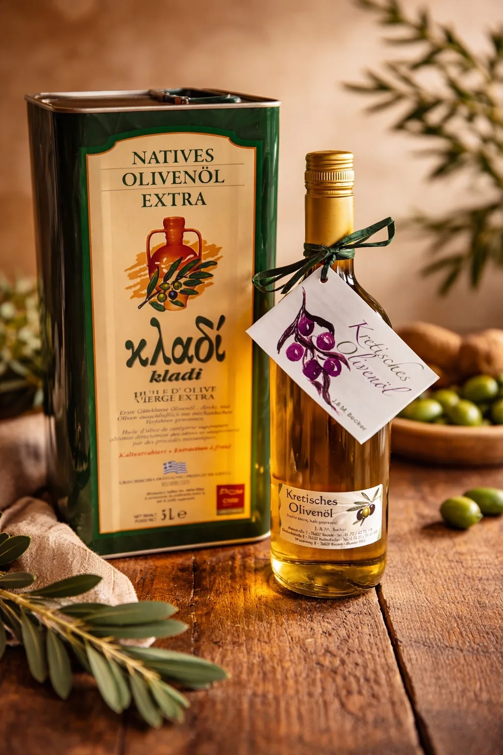 Kanister und Flasche mit kretischem Olivenöl
